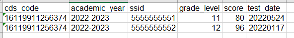 Screenshot showing CSV input file with data for two schools